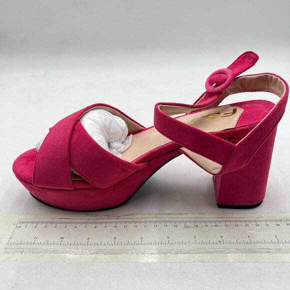 FSJ Hot Pink Peep Toe Chunky High Heels Platform Sandals Ankle Strap Suede Shoes - Picture 2 of 8